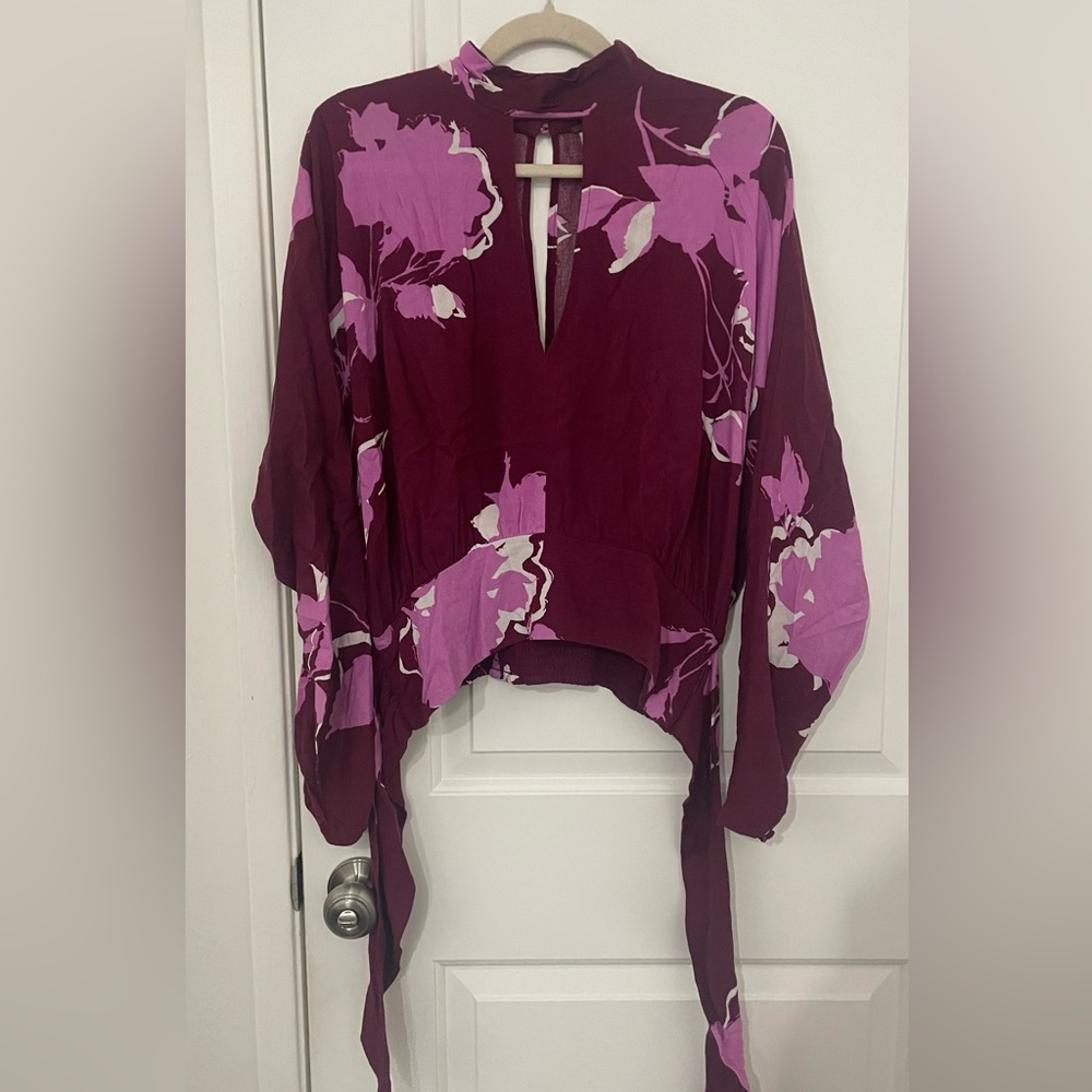 Free People Burgundy and Pink Floral Blouse